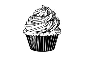 Cupcake in engraving style. Ink sketch isolated on white background. Hand drawn vector illustration