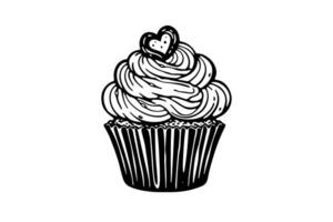 Cupcake in engraving style. Ink sketch isolated on white background. Hand drawn vector illustration