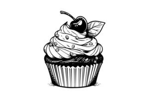 Cupcake with berries in engraving style. Ink sketch isolated on white background. Hand drawn vector illustration