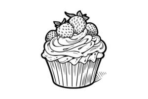 Cupcake with berries in engraving style. Ink sketch isolated on white background. Hand drawn vector illustration