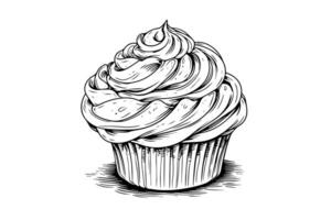 Cupcake in engraving style. Ink sketch isolated on white background. Hand drawn vector illustration