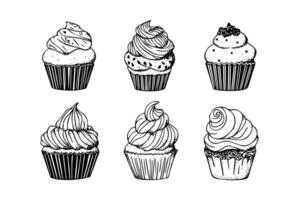 Set of cupcake in engraving style. Ink sketch isolated on white background. Hand drawn vector illustration