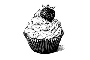 Cupcake with berries in engraving style. Ink sketch isolated on white background. Hand drawn vector illustration