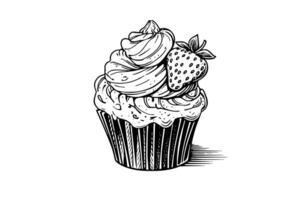 Cupcake with berries in engraving style. Ink sketch isolated on white background. Hand drawn vector illustration