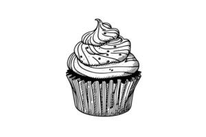 Cupcake in engraving style. Ink sketch isolated on white background. Hand drawn vector illustration