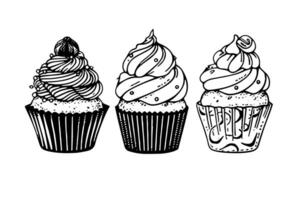 Set of cupcake in engraving style. Ink sketch isolated on white background. Hand drawn vector illustration