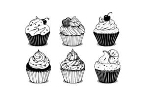 Set of cupcake in engraving style. Ink sketch isolated on white background. Hand drawn vector illustration