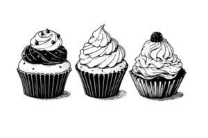 Set of cupcake in engraving style. Ink sketch isolated on white background. Hand drawn vector illustration