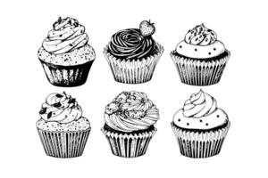 Set of cupcake in engraving style. Ink sketch isolated on white background. Hand drawn vector illustration