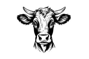 Cow head with horns logotype engraving style isolated vector illustration.