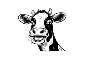 vaca cabeza con cuernos logotipo grabado estilo aislado vector ilustración.