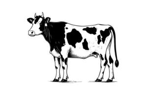 Alpine cow vector hand drawn engraving style illustration