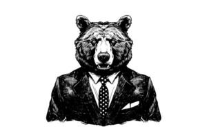 Bear in a tuxedo logotype vector engraving style illustration