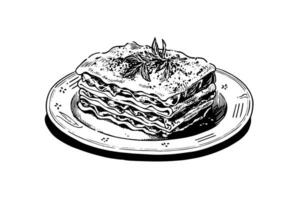 Italian pasta. Lasagna on a plate, fork with spaghetti Vector engraving style illustration.
