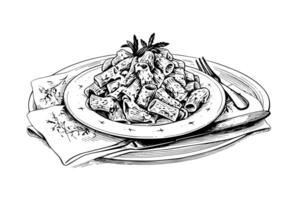 Italian pasta. Spaghetti on a plate, fork with spaghetti Vector engraving style illustration.