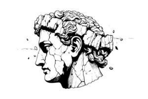 Cracked statue head of greek sculpture sketch engraving style vector illustration.