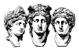 Set of antique statue head of greek sculpture sketch engraving style vector illustration pack.