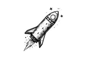 Blowing space rocket sketch engraving style vector illustration.