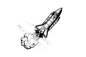 Blowing space rocket sketch engraving style vector illustration.