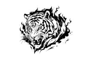 Tiger mascot sport or tattoo design. Black and white vector illustration logotype sign art.