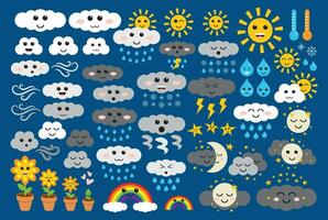 Set of cute cartoon clouds, sun, rain, moon, rainbow and other elements. Vector illustration. Climate icons. Weather clipart.