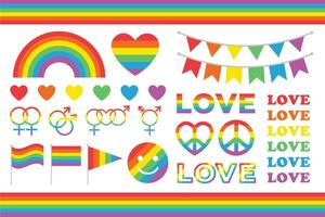 Rainbow Pride Month Graphics. Festive Colorful Heart Banner, Flag, Border, Decorations. vector