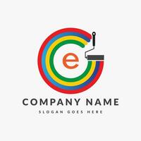 Paint Logo On Letter E Template. Paint Logo On E Letter, Initial Paint Sign Concept Template vector