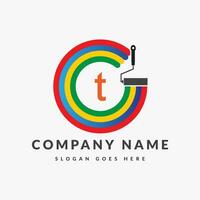 Paint Brush Logo On Letter T Template. Paint On T Letter, Initial Paint Sign Concept vector