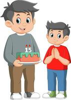 Father and son holding birthday cakes vector