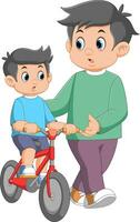 Boy learning to ride a bicycle with his father vector