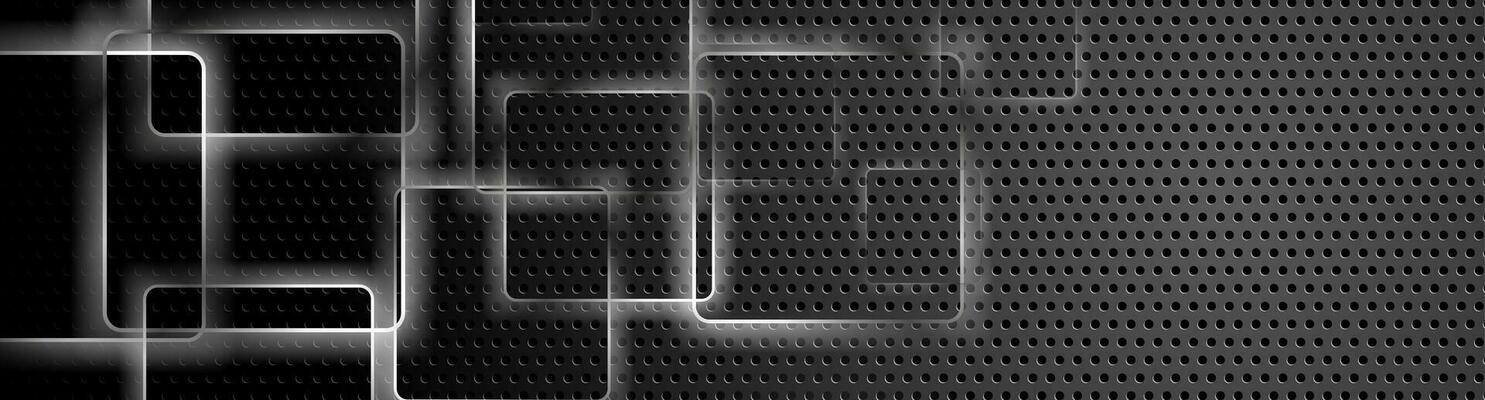 Grey metallic squares on dark perforated background