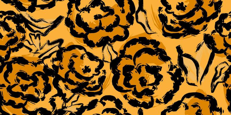 a pattern of black and orange flowers on a yellow background