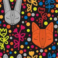 a seamless pattern with rabbits and flowers vector