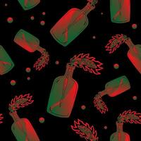 a pattern with red and green bottles on black vector