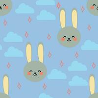 Cute bunny and cloud pattern on blue background, cartoon seamless background, vector illustration, wallpaper, textile, bag, garment, fashion design