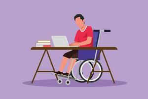 Cartoon flat style drawing of young man employee in wheelchair working with computer in office desk. Online job and startup concept. Physical disability and society. Graphic design vector illustration