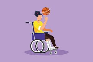 Graphic flat design drawing cute beautiful girl in wheelchair plays basketball. Disabled person spins basketball on her finger. Exercise for people with disabilities. Cartoon style vector illustration