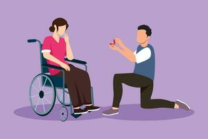 Cartoon flat style drawing young man stand on knee with engagement ring in hands in front of disabled woman sitting on wheelchair, loving relations, person marriage. Graphic design vector illustration