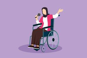 Cartoon flat style drawing disabled person enjoying life. Beautiful Arab woman sitting in wheelchair singing at karaoke hospital. Spend time in recreational place. Graphic design vector illustration