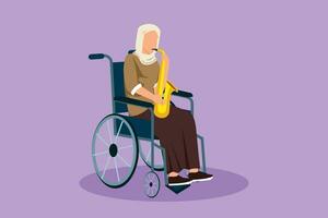 Character flat drawing beautiful Arabian woman sitting in wheelchair plays saxophone. Disability patient, classical music. Physically disabled. Person in hospital. Cartoon design vector illustration