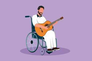 Cartoon flat style drawing attractive Arab man sit in wheelchair with acoustic guitar play music and sing song. Physically disabled. Rehabilitation center patient. Graphic design vector illustration