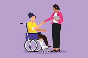 Character flat drawing disability employment responsibility, work for disabled people. Active disable woman sit in wheelchair shaking hand with colleague in office. Cartoon design vector illustration