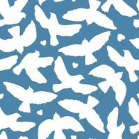 Seamless pattern with flying white doves in the sky. The concept of peace, freedom. Vector graphics.