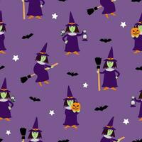 Seamless pattern with cute witches in hats, on a broomstick, bats, pumpkins. Print for Halloween. Vector graphics.