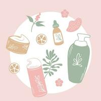 Skincare spa products set korean  bottles and tubes natural cosmetic hand drawn vector