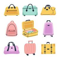 Travel luggage and suitcase vector cartoon set