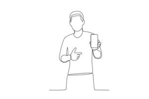 One continuous line drawing of a young masculine man showing his cell phone facing forward vector