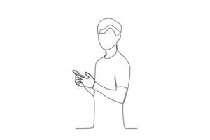 One continuous line drawing of a young man typing a message using his cell phone facing left side vector