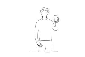One continuous line drawing of a young man showing his cell phone casually facing forward vector
