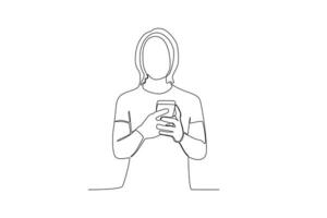 One continuous line drawing of a young man typing a message using his cell phone facing forward vector